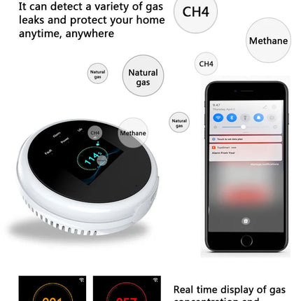 Combustible Gas Detector Alarm | LCD Display | Mobile App Alerts | Real-Time Gas Readings | Methane, Butane, Propane Detection | Clock & Temp Display | Sleek Design | Easy Install | Home Guardian - Noustia