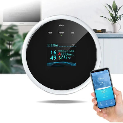 Combustible Gas Detector Alarm | LCD Display | Mobile App Alerts | Real-Time Gas Readings | Methane, Butane, Propane Detection | Clock & Temp Display | Sleek Design | Easy Install | Home Guardian - Noustia