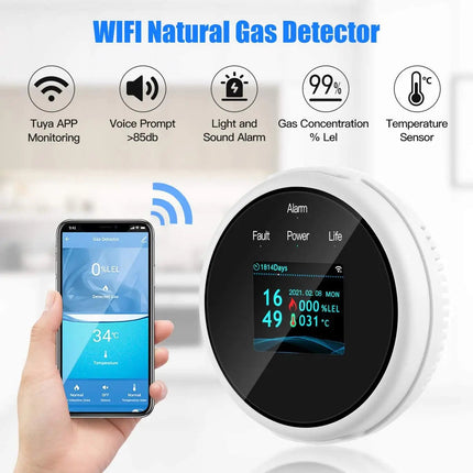 Combustible Gas Detector Alarm | LCD Display | Mobile App Alerts | Real-Time Gas Readings | Methane, Butane, Propane Detection | Clock & Temp Display | Sleek Design | Easy Install | Home Guardian - Noustia