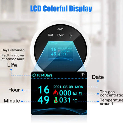 Combustible Gas Detector Alarm | LCD Display | Mobile App Alerts | Real-Time Gas Readings | Methane, Butane, Propane Detection | Clock & Temp Display | Sleek Design | Easy Install | Home Guardian - Noustia
