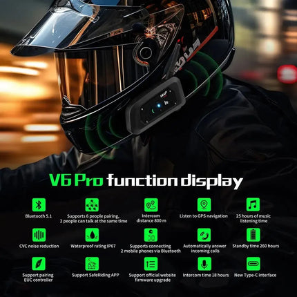 Bluetooth Motorcycle Intercom | 800m Range | Waterproof Helmet Headset | Connects Up To 6 Riders | Durable Metal Splint | Type C Charging | Noustia