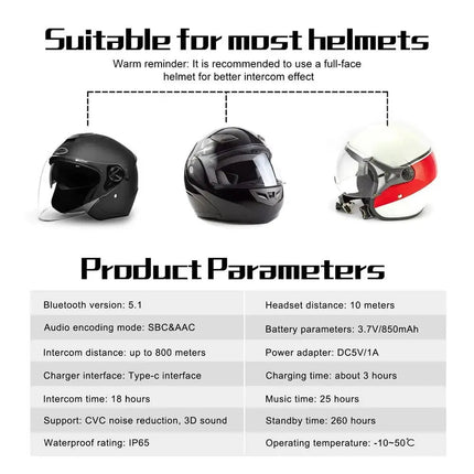 Bluetooth Motorcycle Intercom | 800m Range | Waterproof Helmet Headset | Connects Up To 6 Riders | Durable Metal Splint | Type C Charging | Noustia