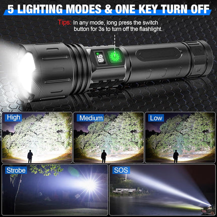 Noustia Tactical LED Flashlight | 100,000 Lumens | 5000mAh Battery | Type-C Charging | Waterproof IPX5 | Zoomable & Multiple Modes | Power Bank Function | LCD Power Display | Aviation Aluminum | Portable