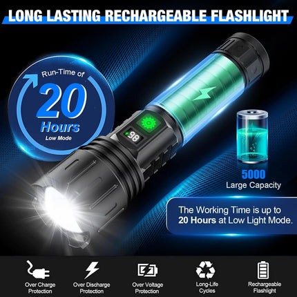 Noustia Tactical LED Flashlight | 100,000 Lumens | 5000mAh Battery | Type-C Charging | Waterproof IPX5 | Zoomable & Multiple Modes | Power Bank Function | LCD Power Display | Aviation Aluminum | Portable