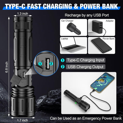 Noustia Tactical LED Flashlight | 100,000 Lumens | 5000mAh Battery | Type-C Charging | Waterproof IPX5 | Zoomable & Multiple Modes | Power Bank Function | LCD Power Display | Aviation Aluminum | Portable