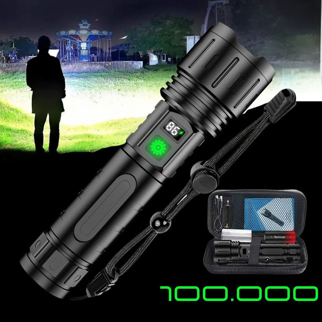 Noustia Tactical LED Flashlight | 100,000 Lumens | 5000mAh Battery | Type-C Charging | Waterproof IPX5 | Zoomable & Multiple Modes | Power Bank Function | LCD Power Display | Aviation Aluminum | Portable
