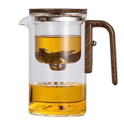 Glass Teapot with Wooden Handle | Borosilicate Glass | 550ml Capacity | One-Click Dispensing System | Thermal-Resistant | Dishwasher-Safe | Elegant Design with Comfortable Grip | Innovative Tea Maker Accessory