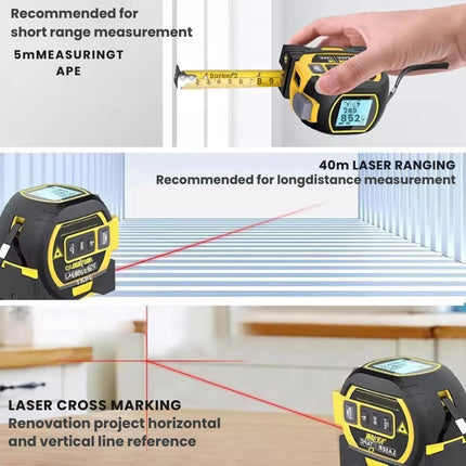 3-in-1 Laser Distance Measurement Tool | 60m Laser Range | Digital Display | Accurate ±2mm | Steel Tape 5m | Auto-Lock & Retract | Multi-Unit Support | Durable ABS & Silicone | Ideal for DIY & Professional Use
