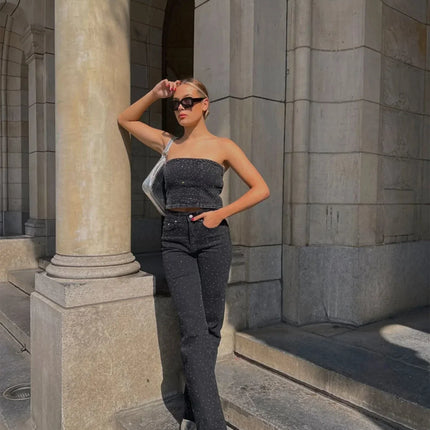 Women's Black Denim Jeans | Diamond Pattern | Regular Fit | Versatile Style