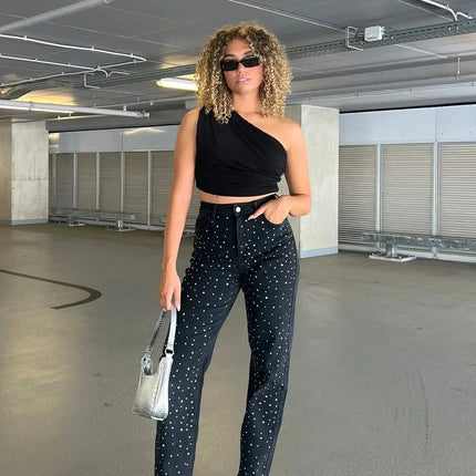 Women's Black Denim Jeans | Diamond Pattern | Regular Fit | Versatile Style