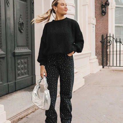 Women's Black Denim Jeans | Diamond Pattern | Regular Fit | Versatile Style