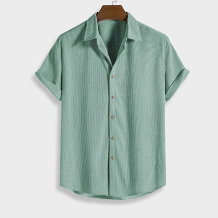 Men's Corduroy Two-Piece Summer Outfit | Button-Up Short Sleeve Shirt & Coordinating Bottoms | Relaxed Fit | Breathable Lightweight Fabric | Available in Beige, Black, Green, Light Blue