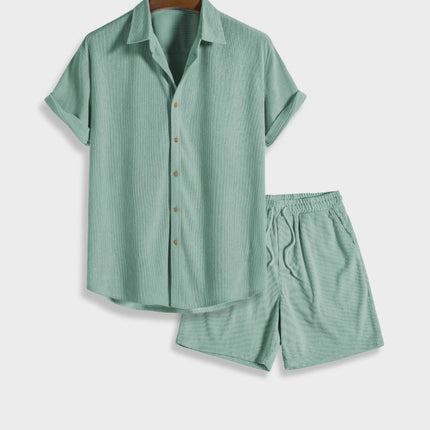 Men's Corduroy Two-Piece Summer Outfit | Button-Up Short Sleeve Shirt & Coordinating Bottoms | Relaxed Fit | Breathable Lightweight Fabric | Available in Beige, Black, Green, Light Blue