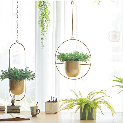 Durable Halo Iron Hanging Planter | Inky Black or Gold | Circular or Oblong Shape | Modern Indoor/Outdoor Decor | Includes Metal Chain & Hardware | Minimalist Design for Plants