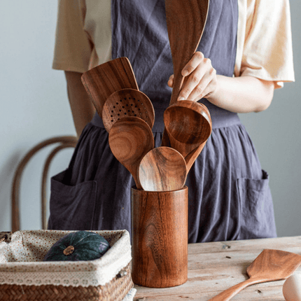 Teak Wood Organizer | Versatile Holder for Utensils | Drainage Design | 3.5" x 5.9" | Kitchen Countertop Storage | Multi-Purpose Use