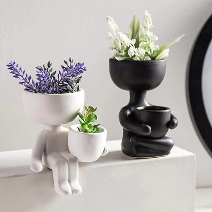 Charming Little Human Succulent Planter | Glazed Ceramic | Decorative Indoor Pot with Drainage | Creative Design for Small Plants and Cuttings | Ideal for Home or Office Decor | Perfect Gift for Plant Enthusiasts
