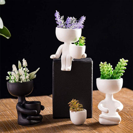 Charming Little Human Succulent Planter | Glazed Ceramic | Decorative Indoor Pot with Drainage | Creative Design for Small Plants and Cuttings | Ideal for Home or Office Decor | Perfect Gift for Plant Enthusiasts