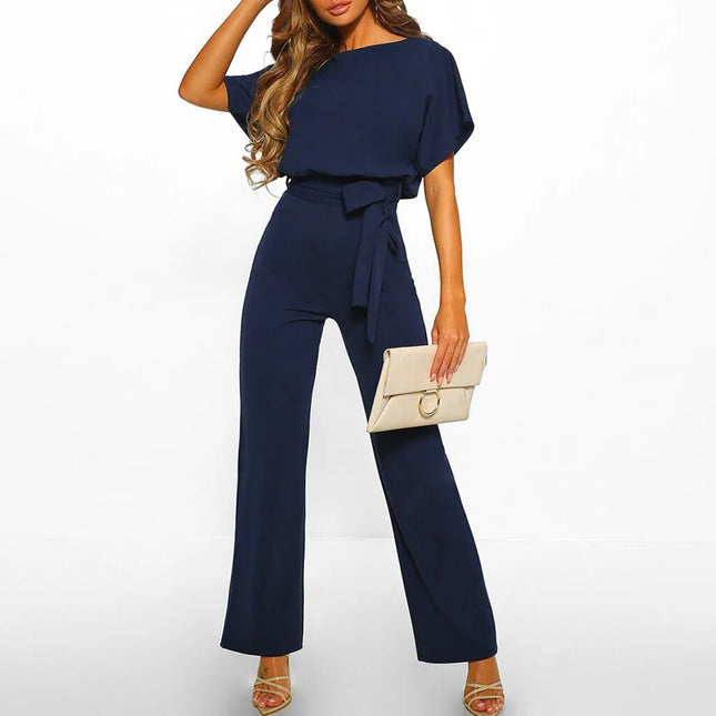 Women's High-Waisted Jumpsuit | Flattering Waistband | Loose-Fit Short Sleeves | Round Neckline | Size S-2XL | Blue, Beige, Yellow | Polyester Blend | Versatile Wear for Any Occasion