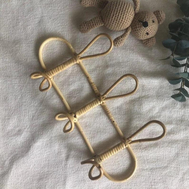 Natural Rattan Trio Hook Wall Hanger | Nursery Room Organizer | 3 Hook Design | 8"x16" | Space-Saving Wall-Mounted Decor