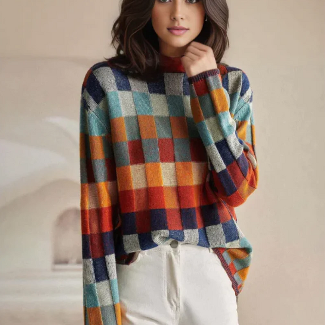 Luxury Women's Knitted Sweater | Colorful Melange Accents | Wide Turtleneck | Patchwork Detail | XS-XXL | Stylish & Textured Design | Hand Wash/Dry Clean | Cozy & Sophisticated Look