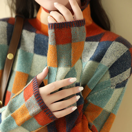 Luxury Women's Knitted Sweater | Colorful Melange Accents | Wide Turtleneck | Patchwork Detail | XS-XXL | Stylish & Textured Design | Hand Wash/Dry Clean | Cozy & Sophisticated Look