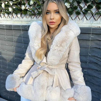 Debra Winter Hoodie with Fur Collar | V-Neck | Belted | Polyester Spandex | White | Sizes XS-2XL
