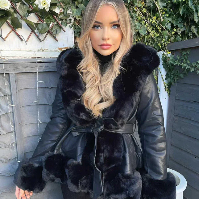 Debra Winter Hoodie with Fur Collar | V-Neck | Belted | Polyester Spandex | White | Sizes XS-2XL