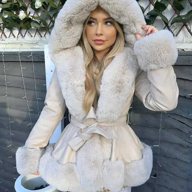 Debra Winter Hoodie with Fur Collar | V-Neck | Belted | Polyester Spandex | White | Sizes XS-2XL