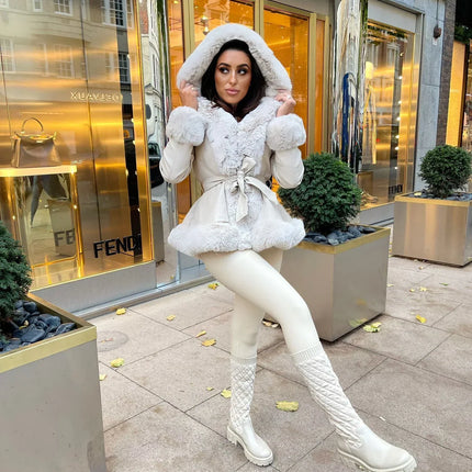 Debra Winter Hoodie with Fur Collar | V-Neck | Belted | Polyester Spandex | White | Sizes XS-2XL
