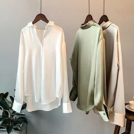 Women's Satin Shirt | Button-Up | Long Sleeves | Relaxed Fit | Versatile Fashion | Available XS-2XL | Elegant Colors Green, Champagne, White, Black | Perfect for Office, Casual & Formal Wear | Timeless Style