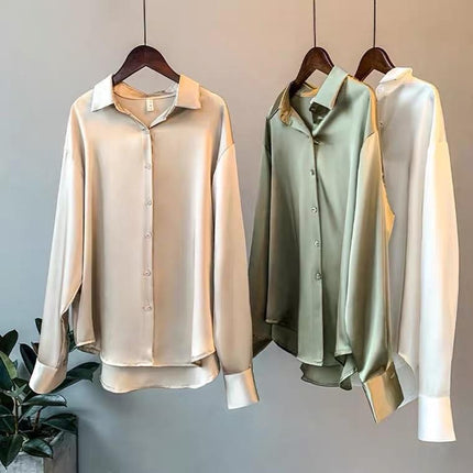 Women's Satin Shirt | Button-Up | Long Sleeves | Relaxed Fit | Versatile Fashion | Available XS-2XL | Elegant Colors Green, Champagne, White, Black | Perfect for Office, Casual & Formal Wear | Timeless Style