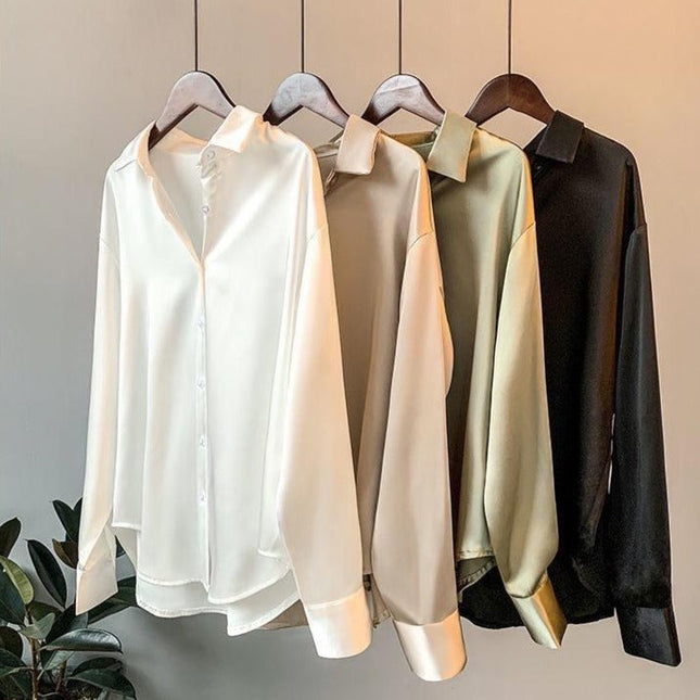 Women's Satin Shirt | Button-Up | Long Sleeves | Relaxed Fit | Versatile Fashion | Available XS-2XL | Elegant Colors Green, Champagne, White, Black | Perfect for Office, Casual & Formal Wear | Timeless Style
