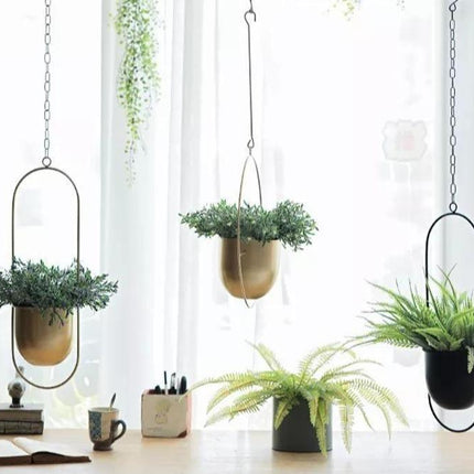 Durable Halo Iron Hanging Planter | Inky Black or Gold | Circular or Oblong Shape | Modern Indoor/Outdoor Decor | Includes Metal Chain & Hardware | Minimalist Design for Plants