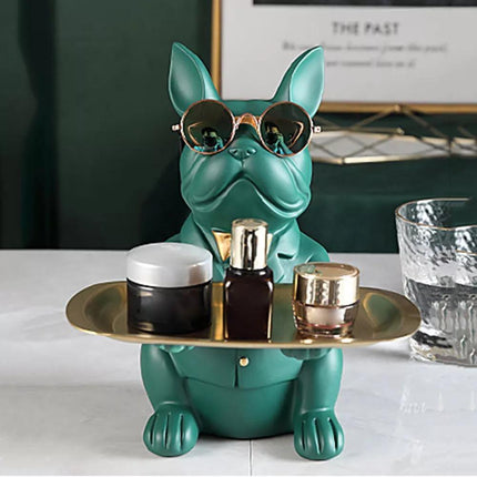 French Bulldog Resin Piggy Bank | Multi-Function Storage Statue | 23.5cm x 19cm x 20cm | Home Decor Accent | Storage Tray & Eyeglasses | Stylish Coin Bank & Candy Box