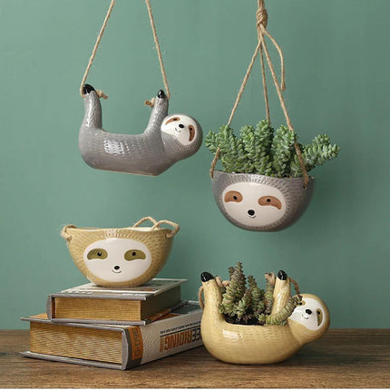 Sloth-Shaped Wall Hanging Ceramic Planter | Decorative Succulent Holder for Indoor Spaces | Gray & Yellow Ornament | Unique Gift Idea | Cute Animal Design for Living Room, Bedroom, Nursery