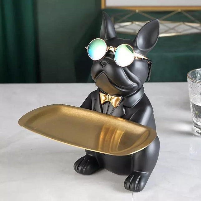 French Bulldog Resin Piggy Bank | Multi-Function Storage Statue | 23.5cm x 19cm x 20cm | Home Decor Accent | Storage Tray & Eyeglasses | Stylish Coin Bank & Candy Box