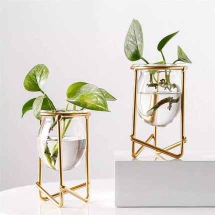 Modern Glass Propagation Vase with Geometric Iron Stand | Transparent Plant Pot | Perfect Desktop Decoration | 7x7x10.5cm | Home Decor | Baby Plant Propagation Vessel | Easy to Clean and Maintain