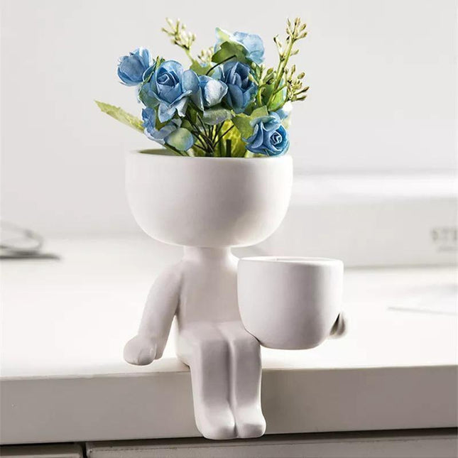 Charming Little Human Succulent Planter | Glazed Ceramic | Decorative Indoor Pot with Drainage | Creative Design for Small Plants and Cuttings | Ideal for Home or Office Decor | Perfect Gift for Plant Enthusiasts