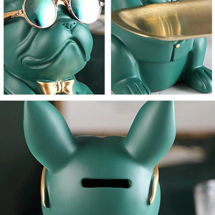 French Bulldog Resin Piggy Bank | Multi-Function Storage Statue | 23.5cm x 19cm x 20cm | Home Decor Accent | Storage Tray & Eyeglasses | Stylish Coin Bank & Candy Box