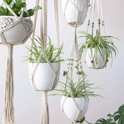 Handmade Macrame Plant Hanger Set | 4-Piece Boho Decor | Vintage Ivory Cotton Rope | Hanging Planters for Indoor Plants | Fits Pots Up to 7" | Eco-Friendly and Durable | Perfect for Home Indoor Use