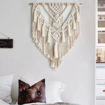 Handcrafted Bohemian Macrame Tapestry | Geometric Pattern | Creamy-White | 55x70cm | Durable Cotton | Minimalist Wall Decor | Artisan Crafted | Home & Event Decoration