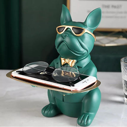 French Bulldog Resin Piggy Bank | Multi-Function Storage Statue | 23.5cm x 19cm x 20cm | Home Decor Accent | Storage Tray & Eyeglasses | Stylish Coin Bank & Candy Box