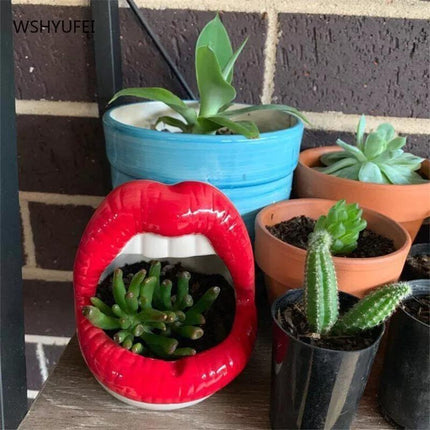 Ceramic Planter with Pouty Lips Design | Fun & Whimsical | Red, Pink, Purple | Durable & Handmade | Heat Resistant & Windproof | Indoor Decoration for Home or Office | Gift Idea | 12x6 cm | 1 Piece