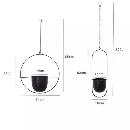 Durable Halo Iron Hanging Planter | Inky Black or Gold | Circular or Oblong Shape | Modern Indoor/Outdoor Decor | Includes Metal Chain & Hardware | Minimalist Design for Plants