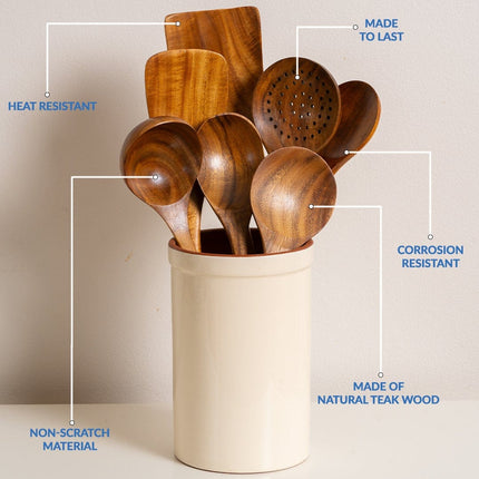 Teak Wooden Cooking Utensil Set | Scratch Resistant | Heat Resistant | Durable Wood | Non-Stick Friendly | Kitchen Declutter Solution | Healthier Kitchen Choice