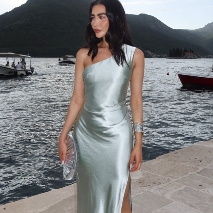Victoria Maxi Dress | Sage Green | Elegant One Shoulder Design | Gathered Waist | Side Leg Split | Invisible Zipper | Lined Polyester Fabric | Perfect for Special Occasions