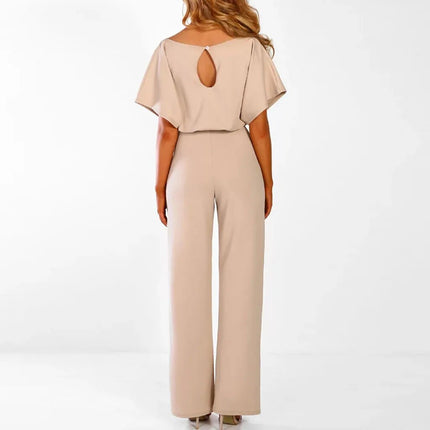 Women's High-Waisted Jumpsuit | Flattering Waistband | Loose-Fit Short Sleeves | Round Neckline | Size S-2XL | Blue, Beige, Yellow | Polyester Blend | Versatile Wear for Any Occasion