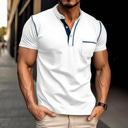 Armoire Melbourne Men's Henley Collar Polo | Short Sleeves | Colorblock Design | Slim Fit | Soft Breathable Fabric | Versatile Casual Wear | Multiple Colors | Fashionable Comfort for Young and Older Men