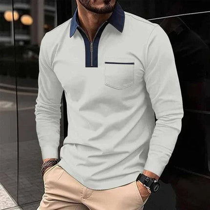 Armoire Melbourne | Men's Color Block Long Sleeve Polo Shirt with Chest Pocket | Casual Cotton Blend