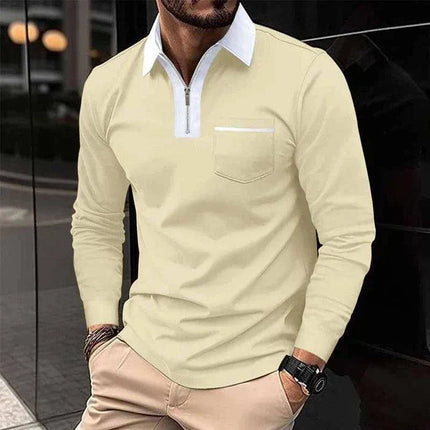 Armoire Melbourne | Men's Color Block Long Sleeve Polo Shirt with Chest Pocket | Casual Cotton Blend
